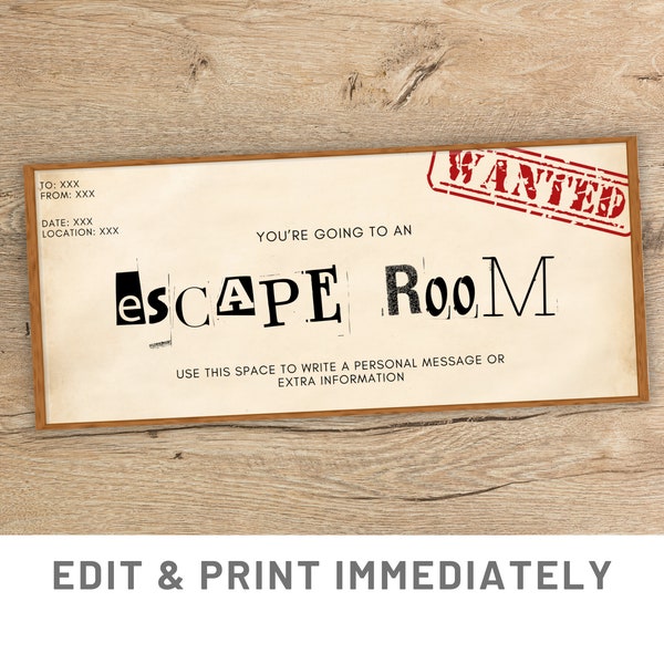 Ticket d'escape game Canva Escape Game Coupon-cadeau Modèle de coupon-cadeau personnalisé Chèque-cadeau Canva Modèle de carte-cadeau à imprimer Cadeau de dernière minute