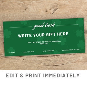 Carte cadeau porte-bonheur verte Modèle de coupon cadeau trèfle personnalisé Bon cadeau chance Canva Modèle de carte carte trèfle Cadeau de dernière minute porte-bonheur