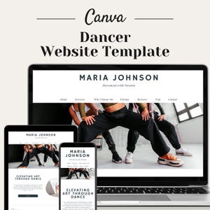 Può includere: Uno schermo di computer portatile che mostra un modello di sito web per un ballerino. Il sito web è intitolato "Maria Johnson: Movimento con passione". Il sito web ha una barra di menu con le seguenti opzioni: Chi siamo, Servizi, Perché scegliere me, Prezzi, Recensioni, FAQ e Contatti. Il sito web presenta anche una foto di un ballerino con un abito nero che esegue un movimento di danza. Il sito web è progettato per essere moderno e professionale.