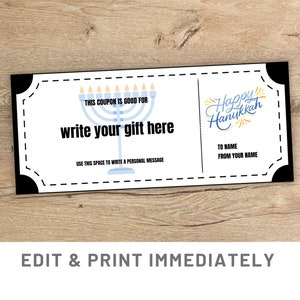 Modèle de coupon-cadeau modifiable de coupon de Hanoucca personnalisé Bon d'échange de Hanoucca Canva Modèle de chèque-cadeau Bon cadeau imprimable Carte de Hanoucca