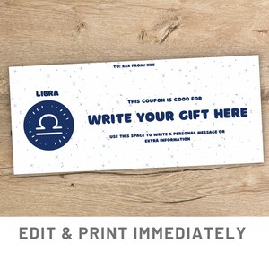 Cupón de regalo del horóscopo de Libra Plantilla de cupón de regalo editable Canva Tarjeta de astrología de Libra Tarjeta de regalo de Libra Vale de regalo del zodíaco de astrología de Libra