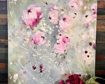 Dipinto floreale originale in acrilico su tela da 20" x 24" ~ Pittura di rose d'arte impressionista in stile shabby chic