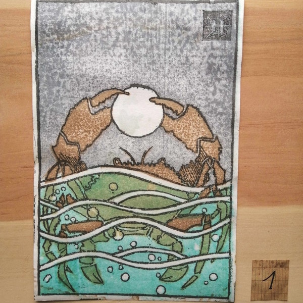 Japanese Woodblock printing- Moku Hanga - Estampe Japonaise - Brown Sea Crab and Moon- Watercolour-Zodiac-Astrology