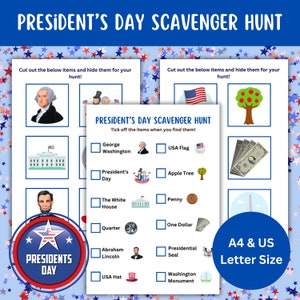 Caça ao tesouro do Dia do Presidente, esconde-esconde, cartões ilustrados, George Washington, Abraham Lincoln, Washington DC, para impressão, download digital