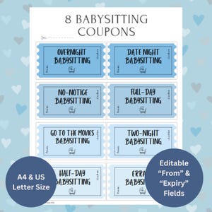 Blauwe oppascoupons, afdrukbaar, direct downloaden, bewerkbaar, cadeau-idee, doe-het-zelfcadeau, cadeau van grootouders, babycadeau, waardebon, cadeaubon