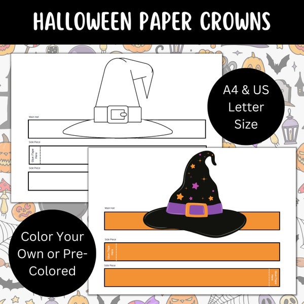 Halloween Paper Crown, Paper Hat, Coloring Page, Printable Witch Hat, Halloween Activity, Indoor Activity, Halloween DIY, Printable Hat