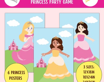 Op de afbeelding: Zes printbare prinsessenposters voor een 'Pin the Tiara'-feestspel. De posters tonen drie verschillende prinsessen in roze, gele en witte jurken. De posters zijn verkrijgbaar in drie formaten: 30,5 x 45,7 cm, 45,7 x 61 cm en 61 x 91,4 cm.