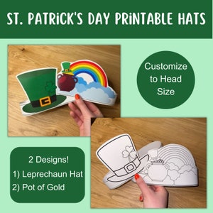 St. Patrick's Day hoeden, papieren hoed, papieren kroon, afdrukbare hoeden, hoofdband, Paddys Day, kleurhoeden, pot met goud, kabouter, Ierland, groen