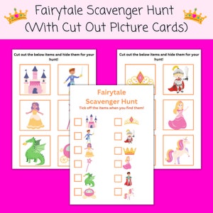 Fairytale Scavenger Hunt | Picture Cards | Fairytale | Fantasy | Princess | Knight | Dragon | Printable | Instant Download | Party Game