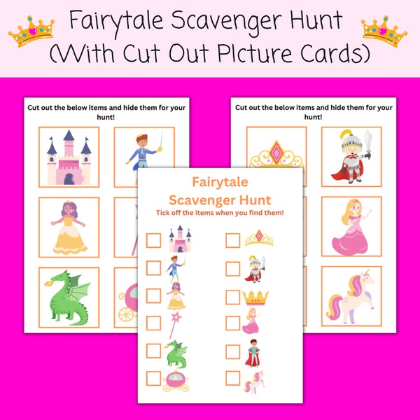 Fairytale Scavenger Hunt | Picture Cards | Fairytale | Fantasy | Princess | Knight | Dragon | Printable | Instant Download | Party Game