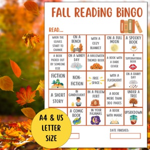 May include: A printable fall reading bingo card with a colorful autumn leaf background. The card has a 5x5 grid with squares containing fall-themed reading prompts such as "A book picked out by someone else", "A spooky book", "A book with a dark cover", "A comic book", and "A book with magic". The card also includes a space for the date finished.