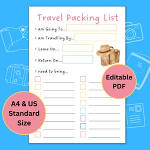 Lista de embalaje de viaje editable para niños, imprimible en verano, planificación de vacaciones, planificación de vacaciones, organizador editable, planificador de edición, personalizar