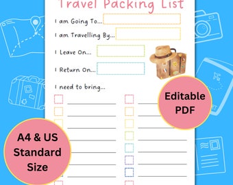 Bearbeitbare Reise-Packliste für Kinder, Sommer druckbar, Urlaubsplanung, Urlaubsplanung, bearbeitbarer Organizer, Planer bearbeiten, anpassen