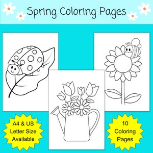 10 Spring Coloring Pages | Printable | Ladybug Caterpillar | Bird | Flower | Watering Can | Frog | Kindergarten | Pre K | Instant Download