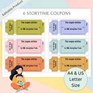Cupón personalizable para la hora del cuento, cupón de lectura imprimible, cupón de lectura personalizado y editable para la hora del cuento para niños, regalo para abuelos, tías y tíos