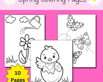 10 Spring Coloring Pages | Printable | Baby Chicken | Bunny | Rainbow | Frog | Flowers | Kindergarten | Pre K | Instant Download |