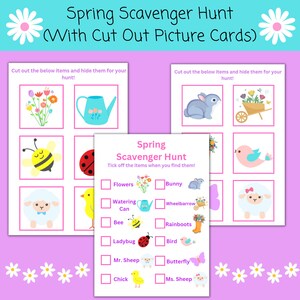 Caça ao Tesouro da Primavera | Cartões ilustrados | Download instantâneo | Pintinho | Flores | Cordeiro | Joaninha | Borboleta | Atividade infantil | Jardim da infância