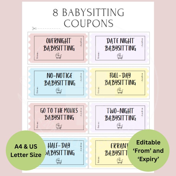 Babysitting Coupons, Printable, Instant Download, Editable, Gift Idea, DIY Gift, Gift from Grandparents, Baby Gift, Voucher, Gift Card, PDF