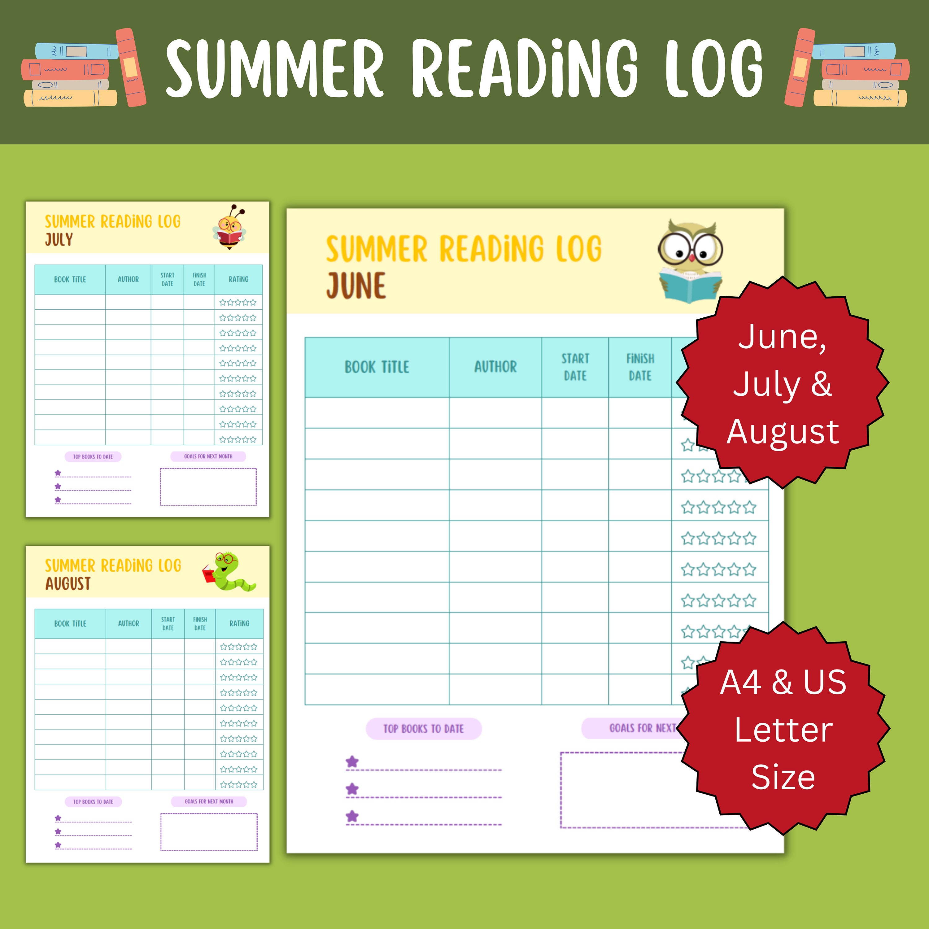 Sommer Lesetagebuch | Druckbare Leseliste | Buchinfo | Kinder lesen | Sommer-Aktivität | Sofortdownload | Buch Bewertung | Alle Altersgruppen