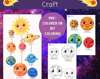 May include: A printable solar system craft for kids. The craft includes a sun, planets, and a comet. The planets are pre-colored or can be colored in by the child. The craft is perfect for a classroom or homeschool activity.