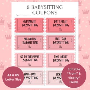 Kupon na Pink Babysitting, do wydrukowania, do natychmiastowego pobrania, do edycji, pomysł na prezent, prezent DIY, prezent od dziadków, prezent dla dziecka, bon, karta podarunkowa