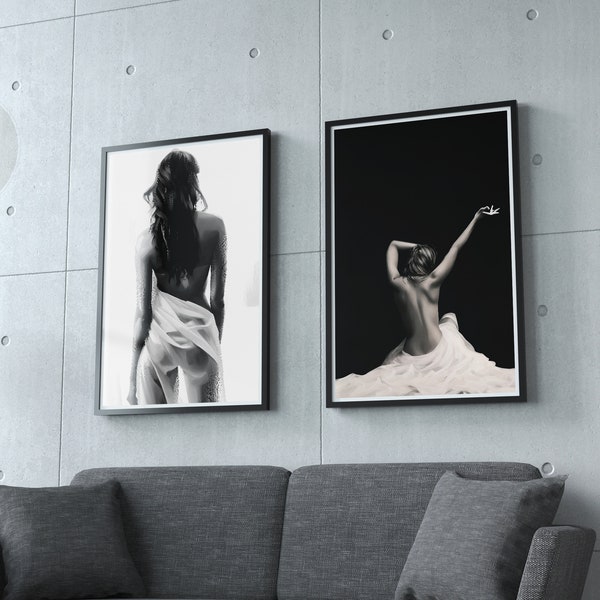 Intimate Beauty Art Set - Sensual Black and White Oil Paintings, Back View, Delicate Drapery