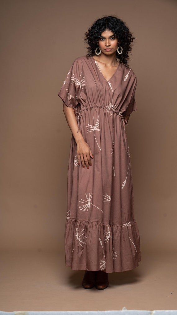Effortless Chic Style Boho Maxi Dress in Retrospect Dandelion Fabric Pattern in Mocha. Comes in Three Lengths: Short, Mid-Calf, and Ankle.