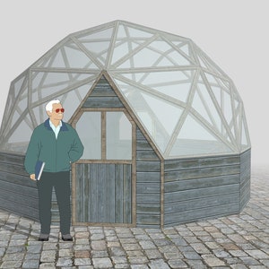 May include: A man wearing sunglasses stands in front of a wooden geodesic dome with a glass roof. The dome is surrounded by a stone patio.