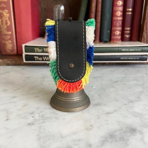 Vintage 1960s Swiss Brass Cow Bell – 5” Tall – Colorful Leather Strap – Alpine Souvenir Bell – Rustic Farmhouse Decor – Swiss Chalet Style
