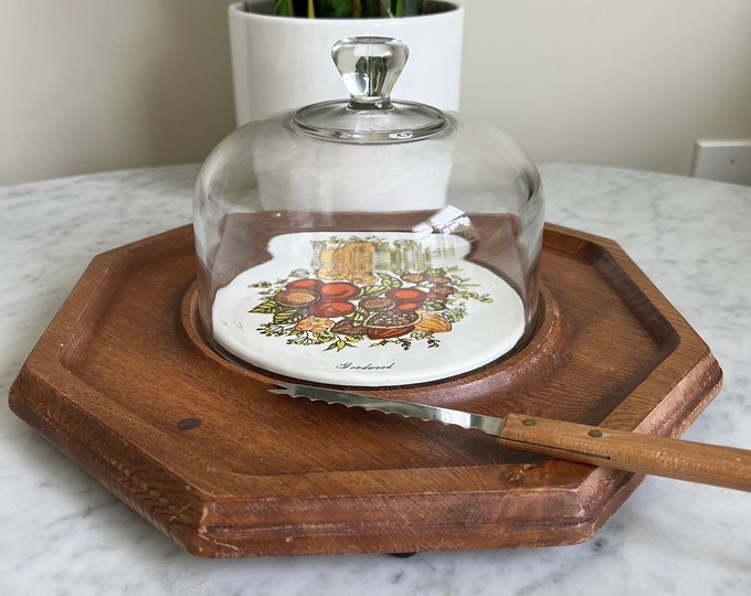 Vintage 1970’s Goodwood, ceramic tile and wood cheese board with glass dome and attached knife.
