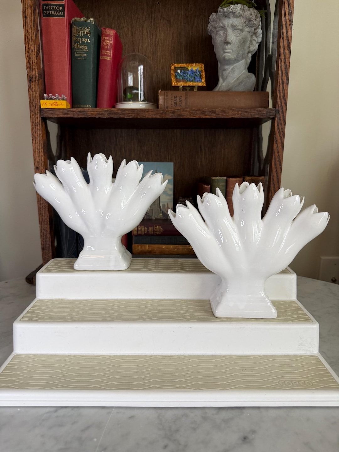 Vintage White Ceramic Tulip Vases, Portugal Mid Century Floral Bud Vases