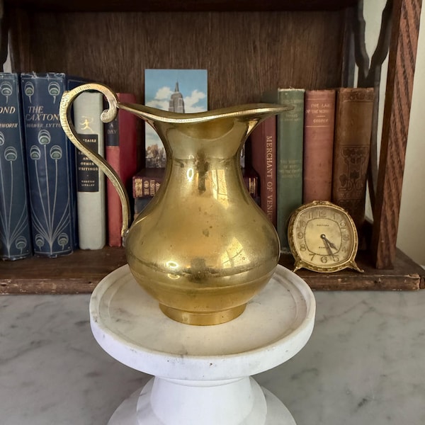 Vintage Solid Brass Pitcher Vase Mid Century Rustic Farmhouse Decor Small Brass Jug