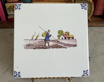 Vintage 1960s Hand-Painted Dutch Tile Trivet – Made in Holland – Cast Iron Frame