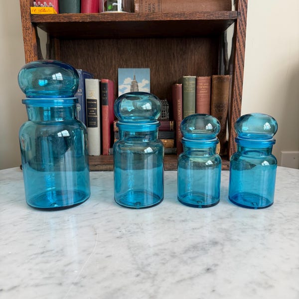 Vintage Blue Glass Apothecary Jars Set of 4 Mid Century Bubble Lid Made in Belgium