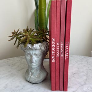 May include: Four red hardcover books stacked vertically on a white marble surface. The books are titled "Chagall", "Cezanne", "Matisse", and "Modigliani".