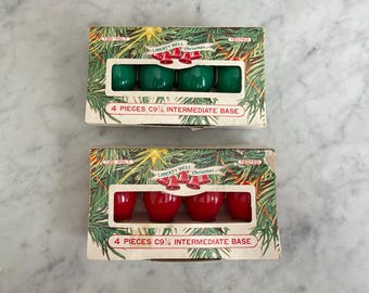 Vintage Liberty Bell Christmas C9 Bulbs Set of 8 Red Green Intermediate Base Lights Original Boxes