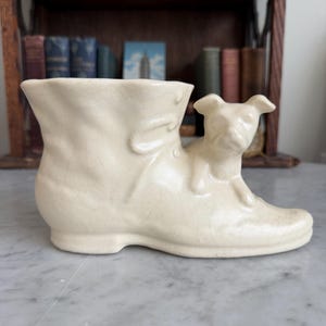Vintage 1950s Shawnee Pottery Puppy Dog Boot Planter, Cream Ceramic Dog in Shoe Planter, Mid Century USA Pottery Kitsch Decor