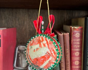 Vintage Beaded Santa Ornament: Mid-Century Christmas Ball Decor