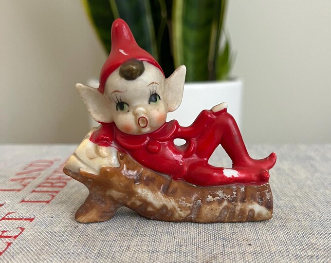 Vintage 1950’s Ceramic Pixie Elf Figure in a Red Suit on a Log, Kitsch ...
