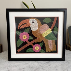 Mola Fabric Art Parrot Flowers Framed Hand Stitched Applique Kuna Yala Indians