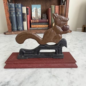 Vintage Cast Iron Squirrel Nutcracker on Wood Base Rustic Cabin Decor