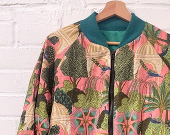 Reversible Tropical Bomber Jacket with teal green cotton lining