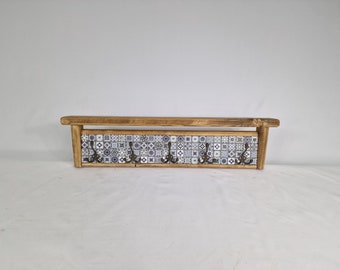 Rustic wooden wall coat rack with 5 vintage cast iron hooks and ceramic mosaic tiles
