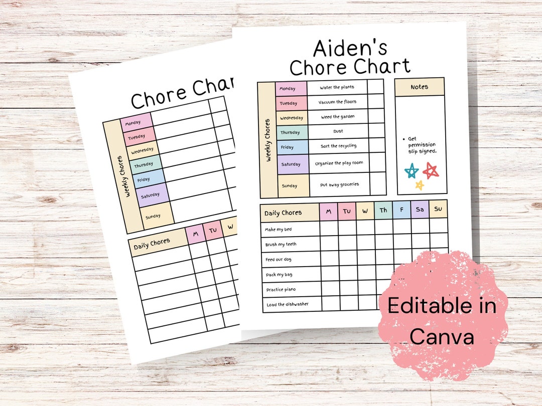 Printable Editable Chore Chart for Kids Daily Routine Responsibility ...