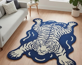 Off White Blue Cheetah Wool Rug, Hand Tufted Irregular Modern Area Kids Room Rug