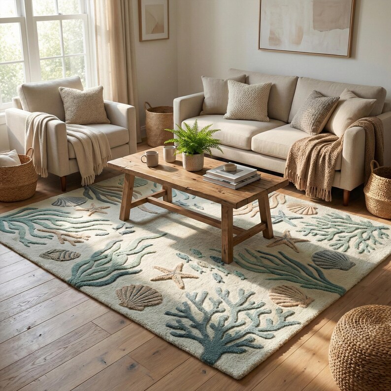 Sea Color Rugs Seaform Green Coastal Wool Rug, Hand Tufted Marine Life Fish Area Rugs ...