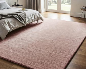 Alfombra de lana lisa color rosa ruborizado, moderna alfombra lisa con mechones hechos a mano para sala de estar.