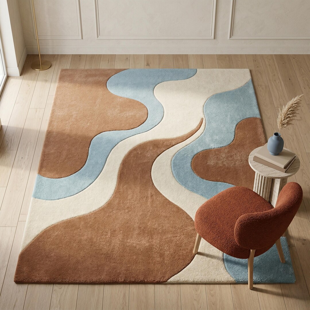 Hand Tufted Retro Abstract Rug, Clay Blue Ivory Modern Wool Area Rug - Etsy