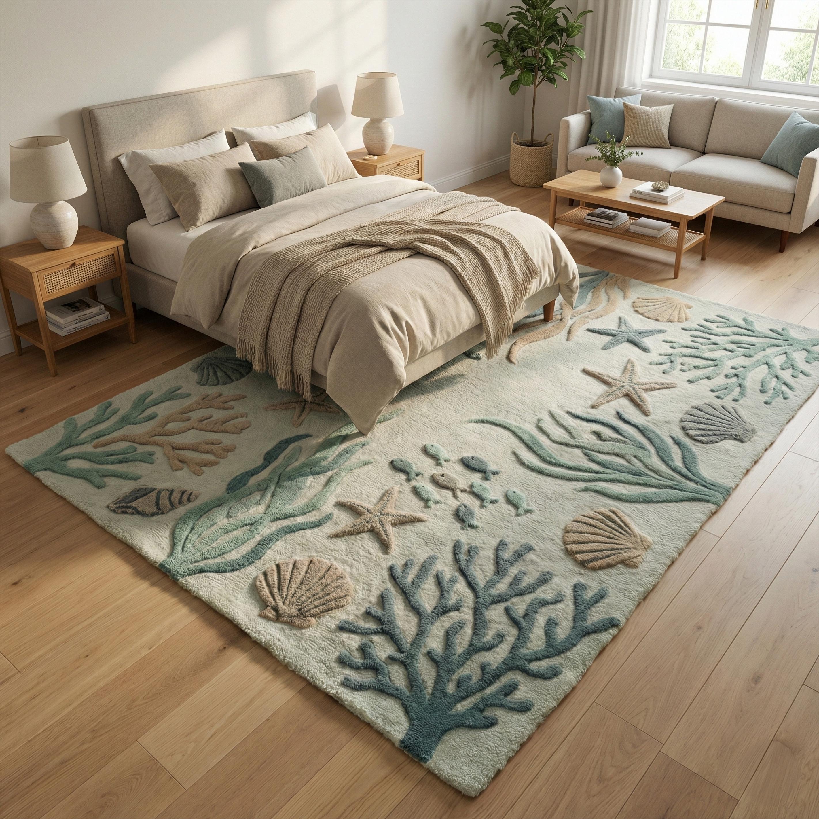 Fairpoint Sea Rug Seaform Green Coastal Wool Rug, Hand Tufted Marine Life Fish Area Rugs ...