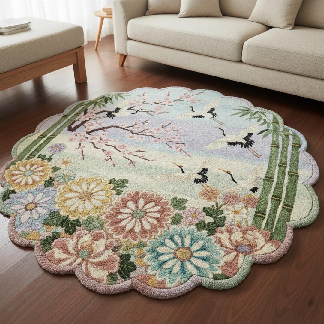 Colorful Floral Crane Wool Rug, Hand Tufted Flower Bird Round Scalloped ...